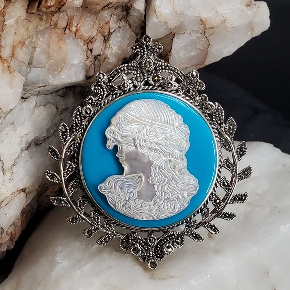 Large Cameo Pendant Brooch Sterling Silver 925 Genuine Turquoise Mother Of Pearl - Picture 1 of 9